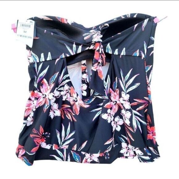 Bar III Peek a Boo Tankini Strapless Swim Top Black Floral Tropical Women Size M - Picture 4 of 7